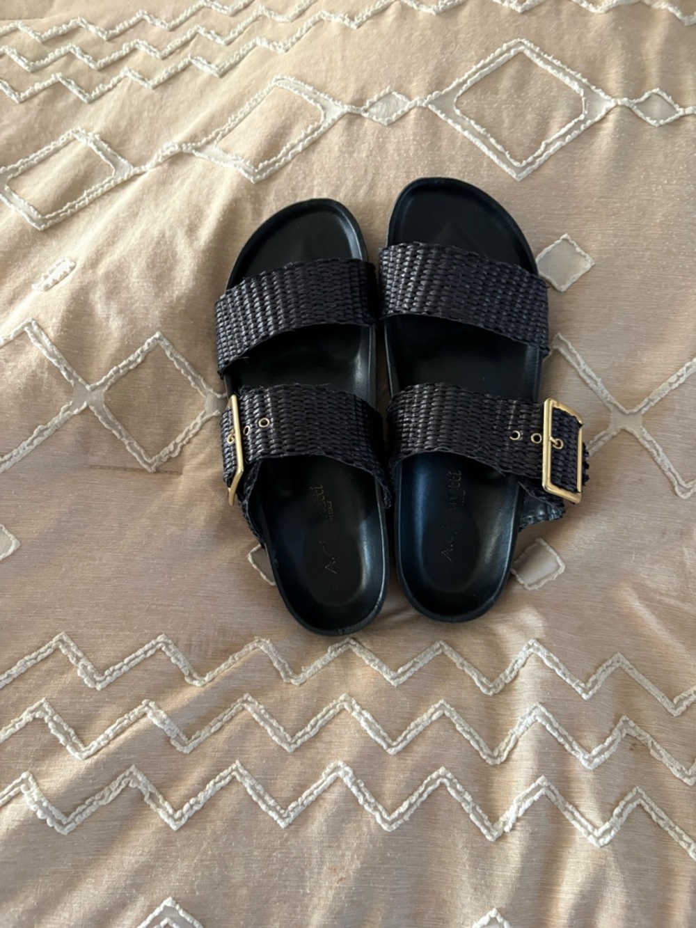 Woven Double-Strap Slide Sandals in Black Made in Italy